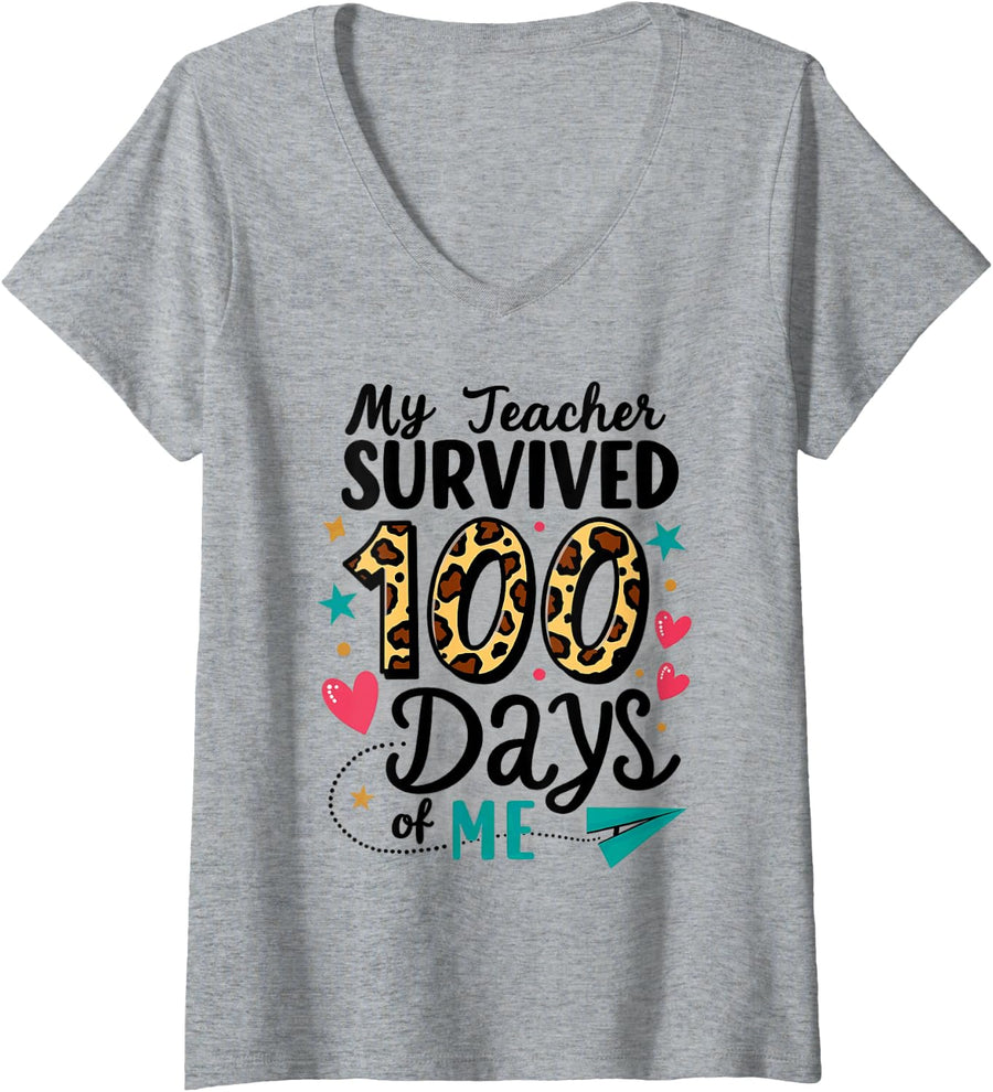 Women's Humor My Teacher Survived 100 Days of Me V-Neck T-Shirt - Heather Grey