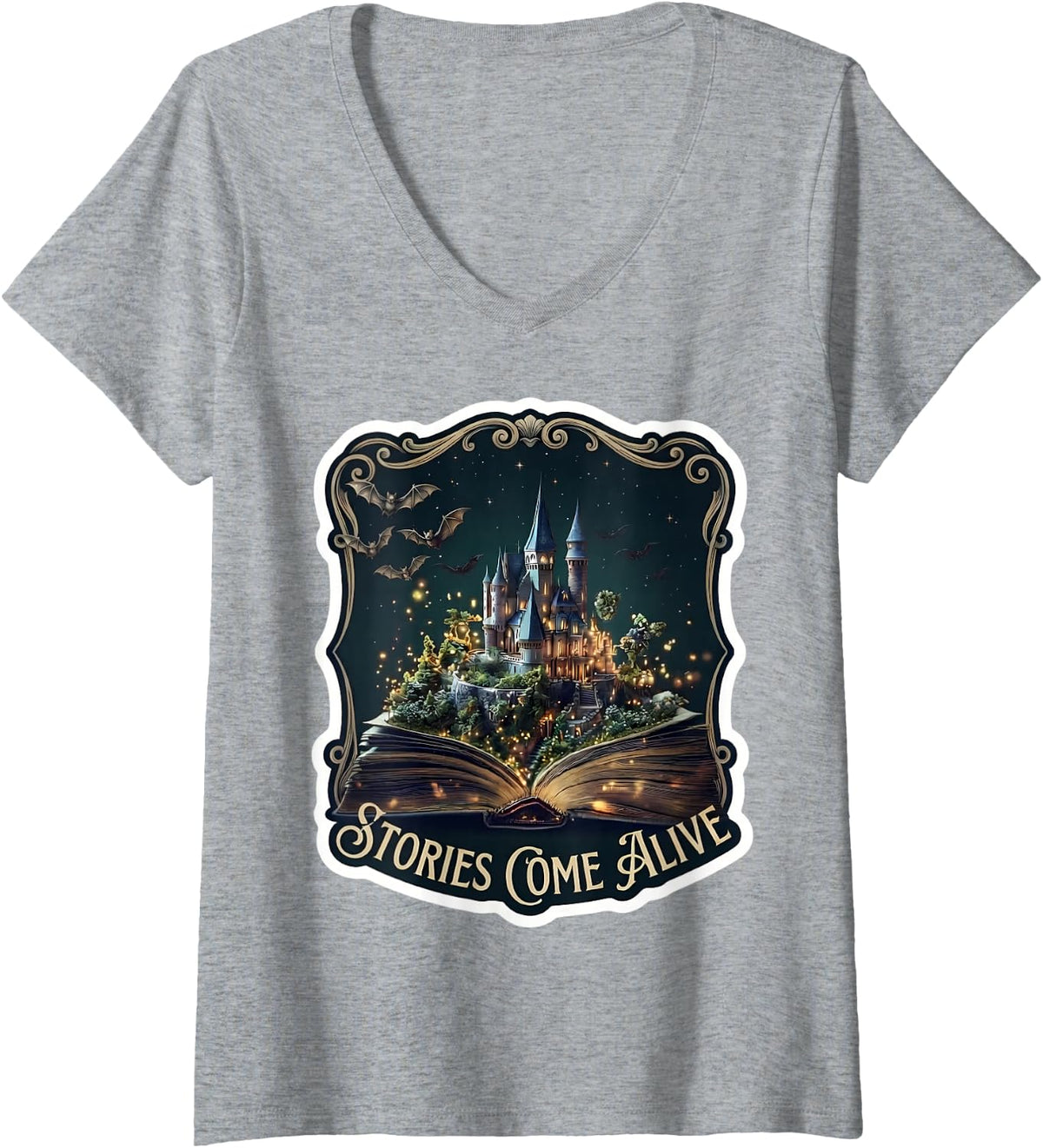 Women's Stories Come Alive Book Lover Library Bookworm Reader Quote V-Neck T-Shirt - Heather Grey
