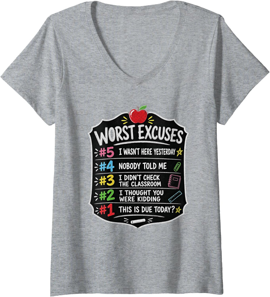 Women's High School Teacher Worst Excuses V-Neck T-Shirt - Heather Grey
