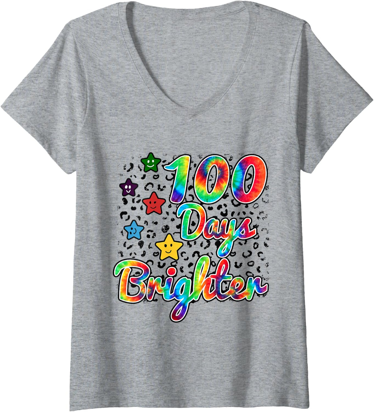 Women's Tie Dye 100 Days Brighter Student Happy 100th Day of School V-Neck T-Shirt - Heather Grey
