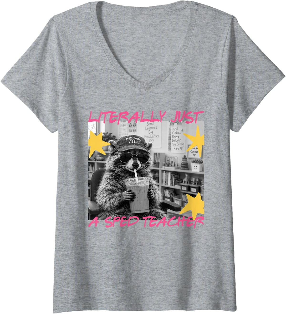 Women's Literally Just A Sped Teacher Funny Raccoon Meme V-Neck T-Shirt - Heather Grey