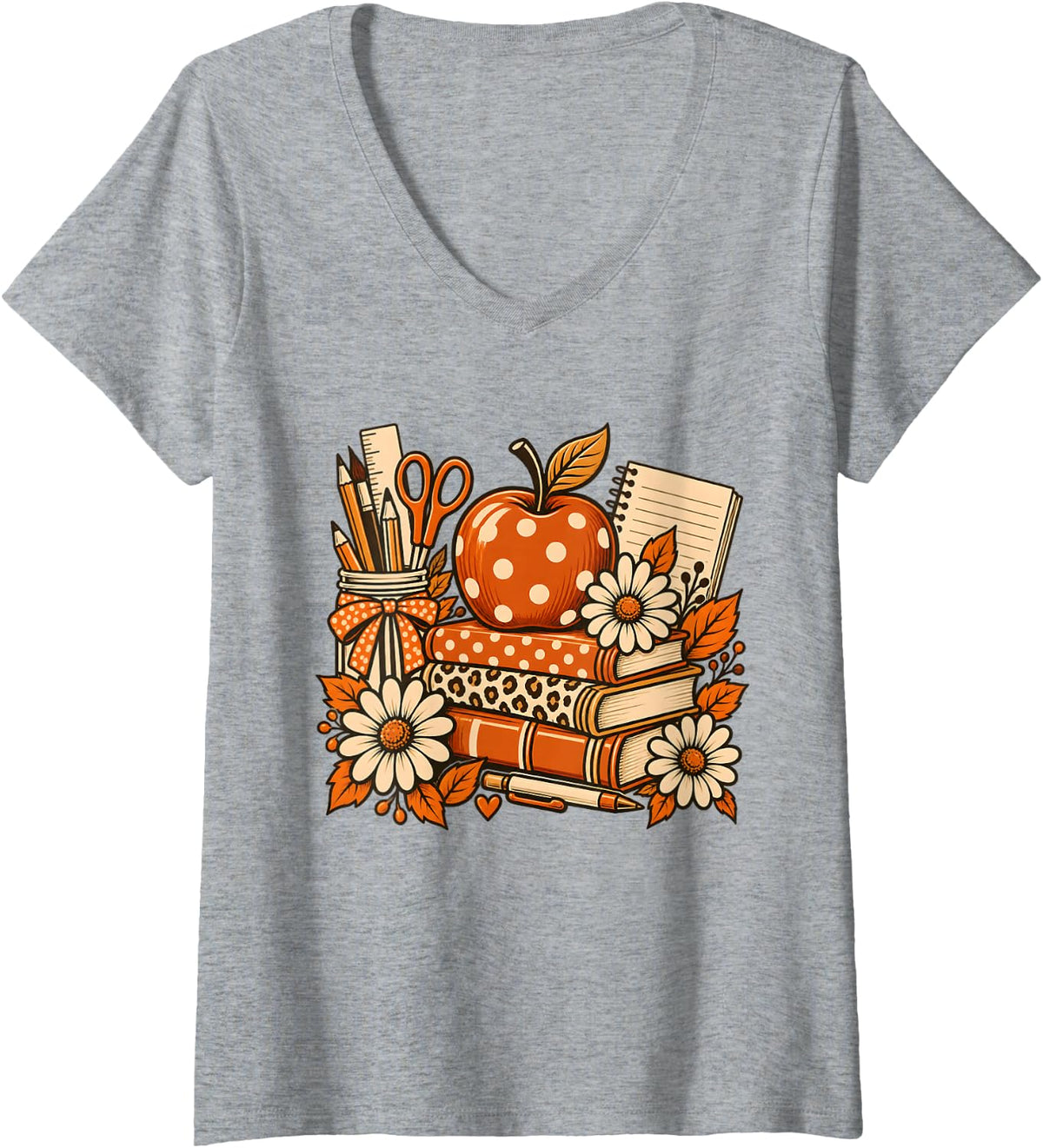 Women's Cute Fall Teacher School Books Autumn Thanksgiving Halloween V-Neck T-Shirt - Heather Grey