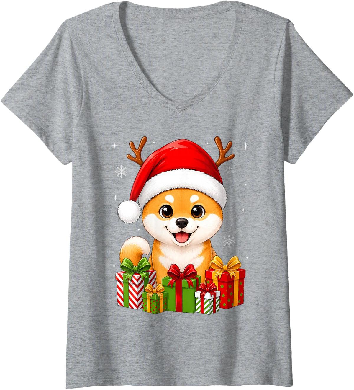 Women's Xmas Decor Cute Festive Santa Hat Shiba Inu Dog Christmas V-Neck T-Shirt - Heather Grey