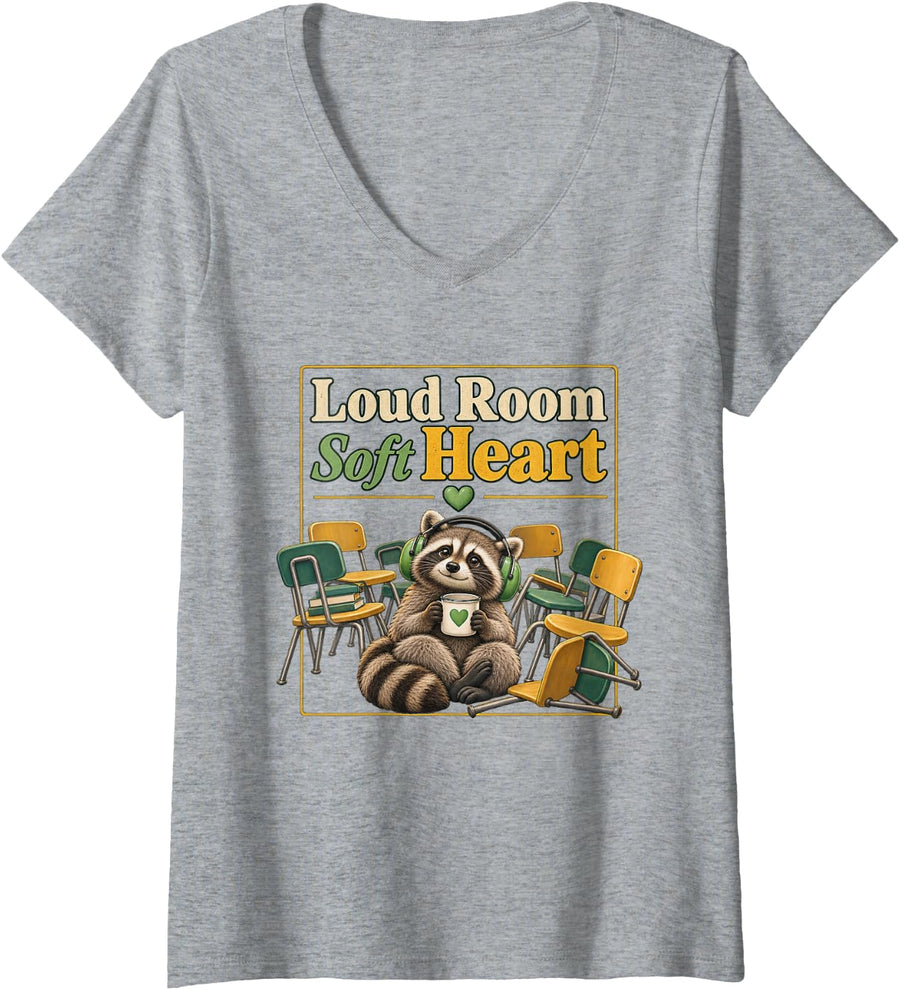 Women's Loud Room Soft Heart Special Education Teacher V-Neck T-Shirt - Heather Grey