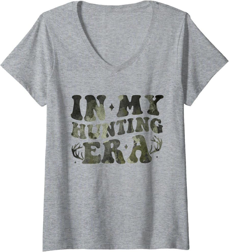 Women's in My Hunting Era Camoflage Camo US Flag Hunter Men Women V-Neck T-Shirt - Heather Grey