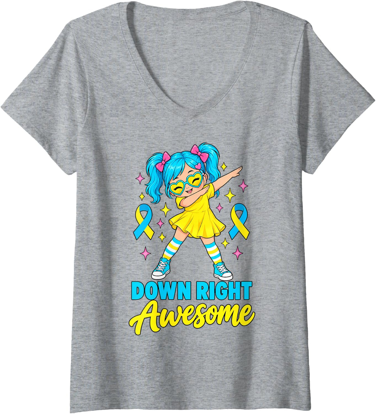 Women's Down Syndrome Awareness Day Down Right Awesome Girls Women V-Neck T-Shirt - Heather Grey