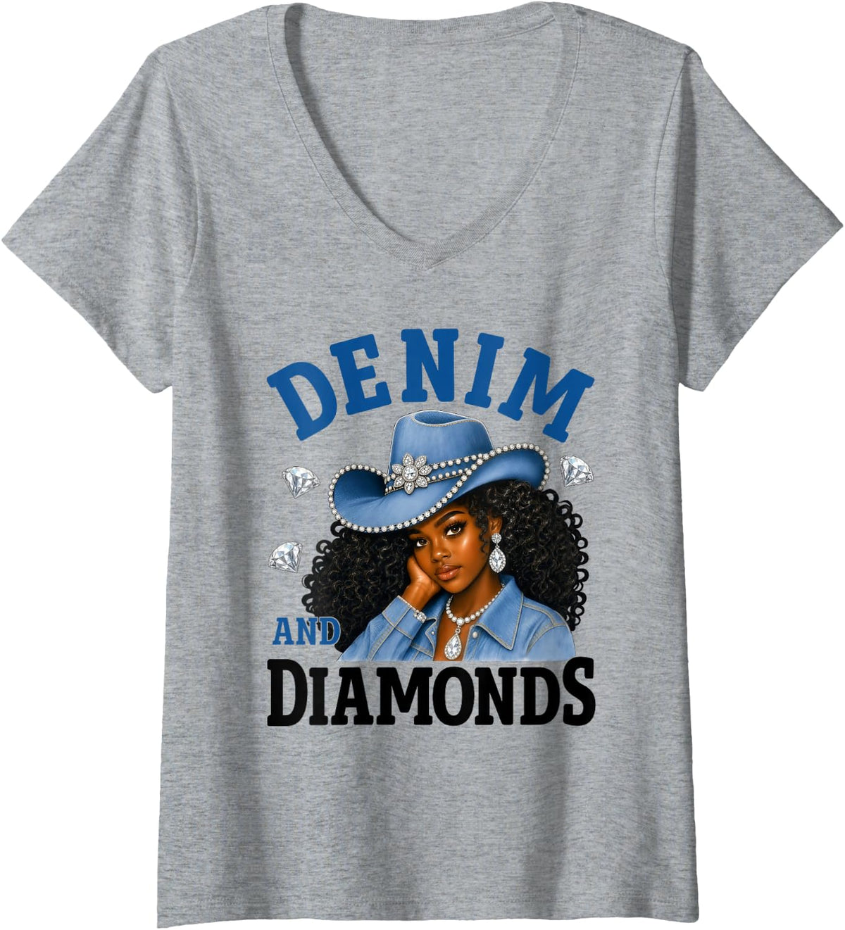 Women's Western Cowgirl Southern Country Black Women Denim Diamonds V-Neck T-Shirt - Heather Grey