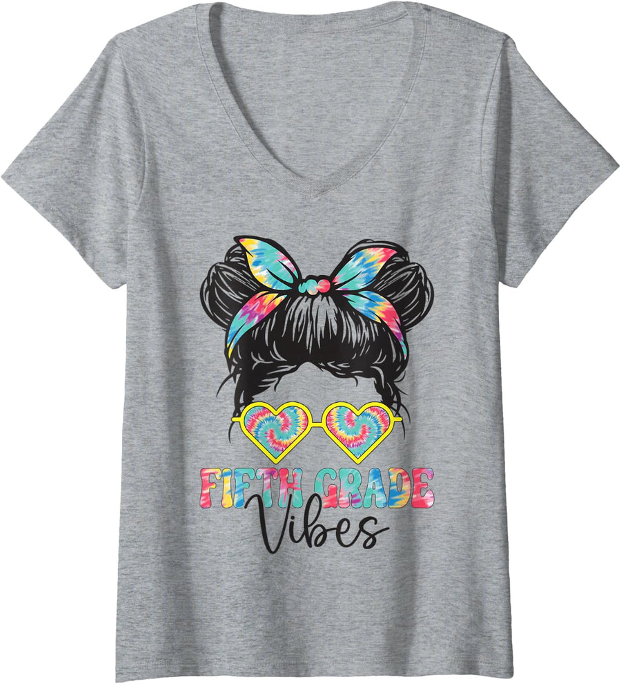 Women's Fifth Grade Vibes Messy Hair Bun Girl Back to School 5th V-Neck T-Shirt - Heather Grey