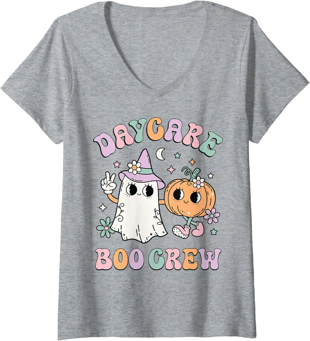 Women's Daycare Boo Crew Groovy Halloween Floral Ghost Kid Teacher V-Neck T-Shirt - Heather Grey