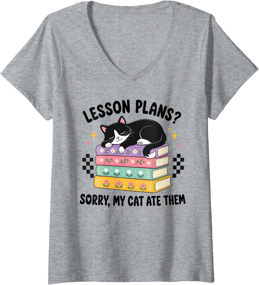 Women's Cat Lover Cat Mom Club Lesson Plans Sorry My Cat Ate Them V-Neck T-Shirt - Heather Grey