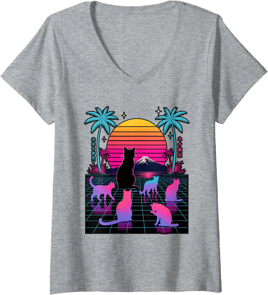 Women's Retro Vaporwave Synthwave Cat Sunset Meme V-Neck T-Shirt - Heather Grey