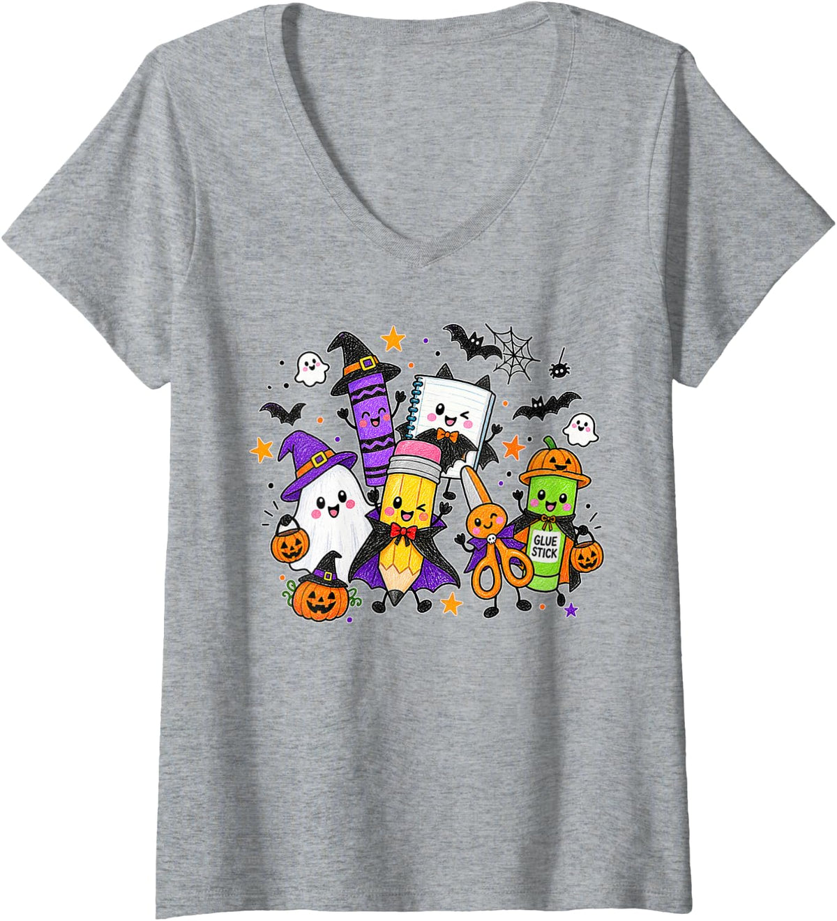 Women's Funny Spooky School Teacher Cute School Supplies Halloween V-Neck T-Shirt - Heather Grey