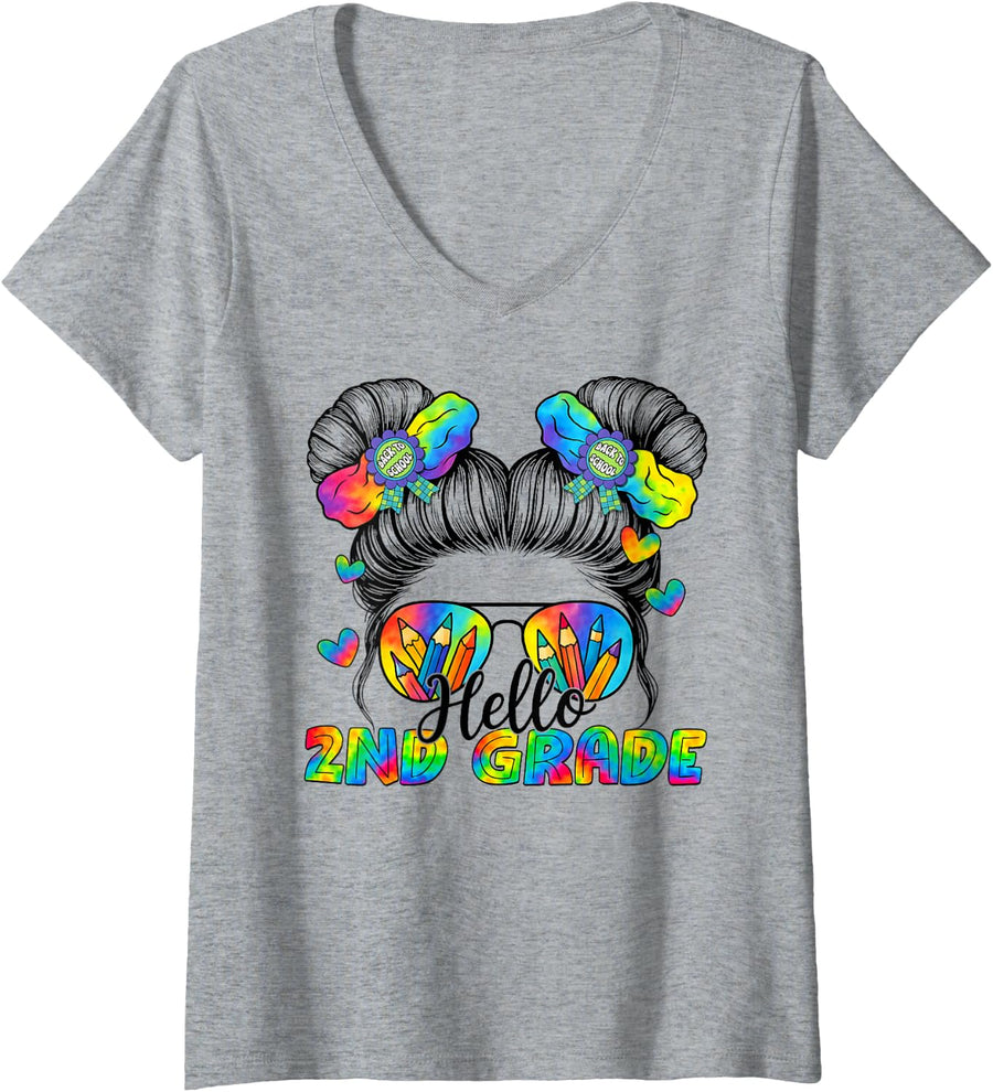 Women's Back to School Tie Dye Hello 2nd Grade Messy Bun Girl V-Neck T-Shirt - Heather Grey