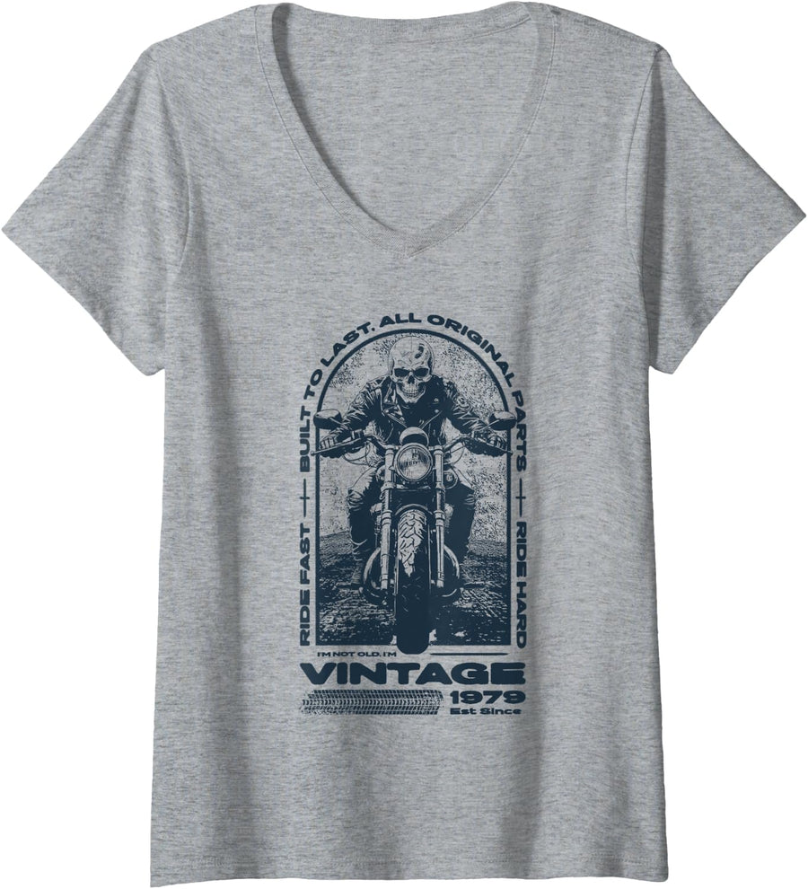 Women's Vintage Motorcycle Bikers Motorbike Birthday Born in 1979 V-Neck T-Shirt - Heather Grey