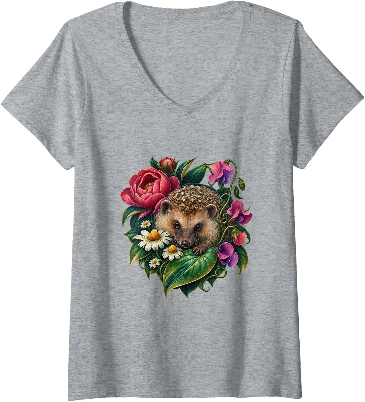 Women's European Hedgehog Peony Airbrush Art V-Neck T-Shirt - Heather Grey