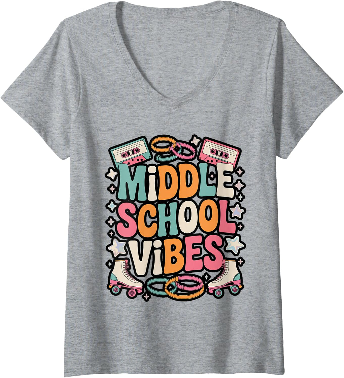 Women's Middle School Vibes Retro Teacher V-Neck T-Shirt - Heather Grey