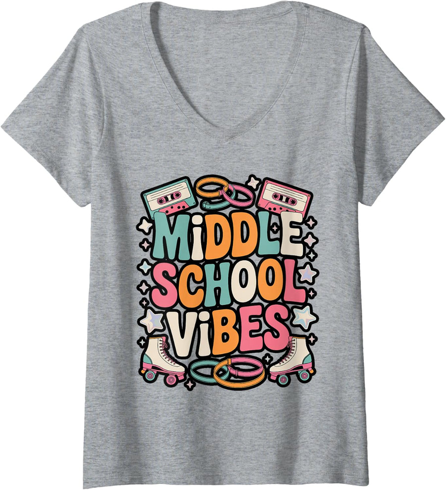 Women's Middle School Vibes Retro Teacher V-Neck T-Shirt - Heather Grey