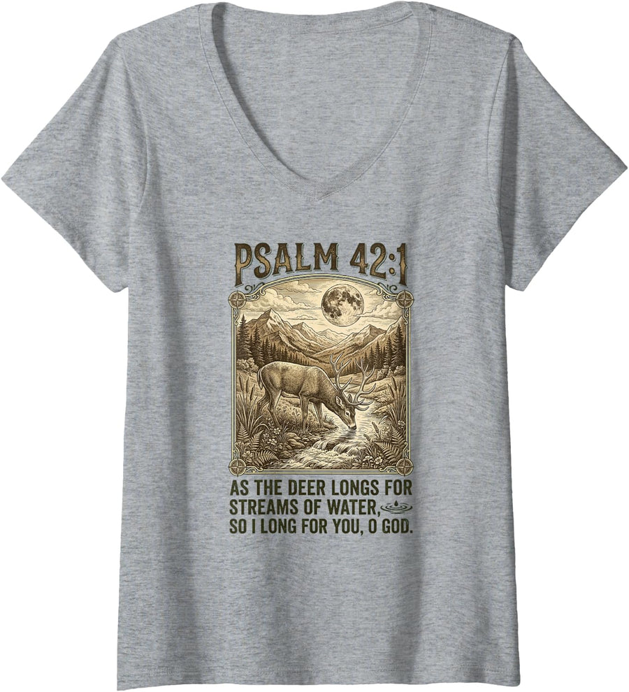 Women's Christian As The Deer Hunting Funny Jesus Bible Verse Hunter V-Neck T-Shirt - Heather Grey