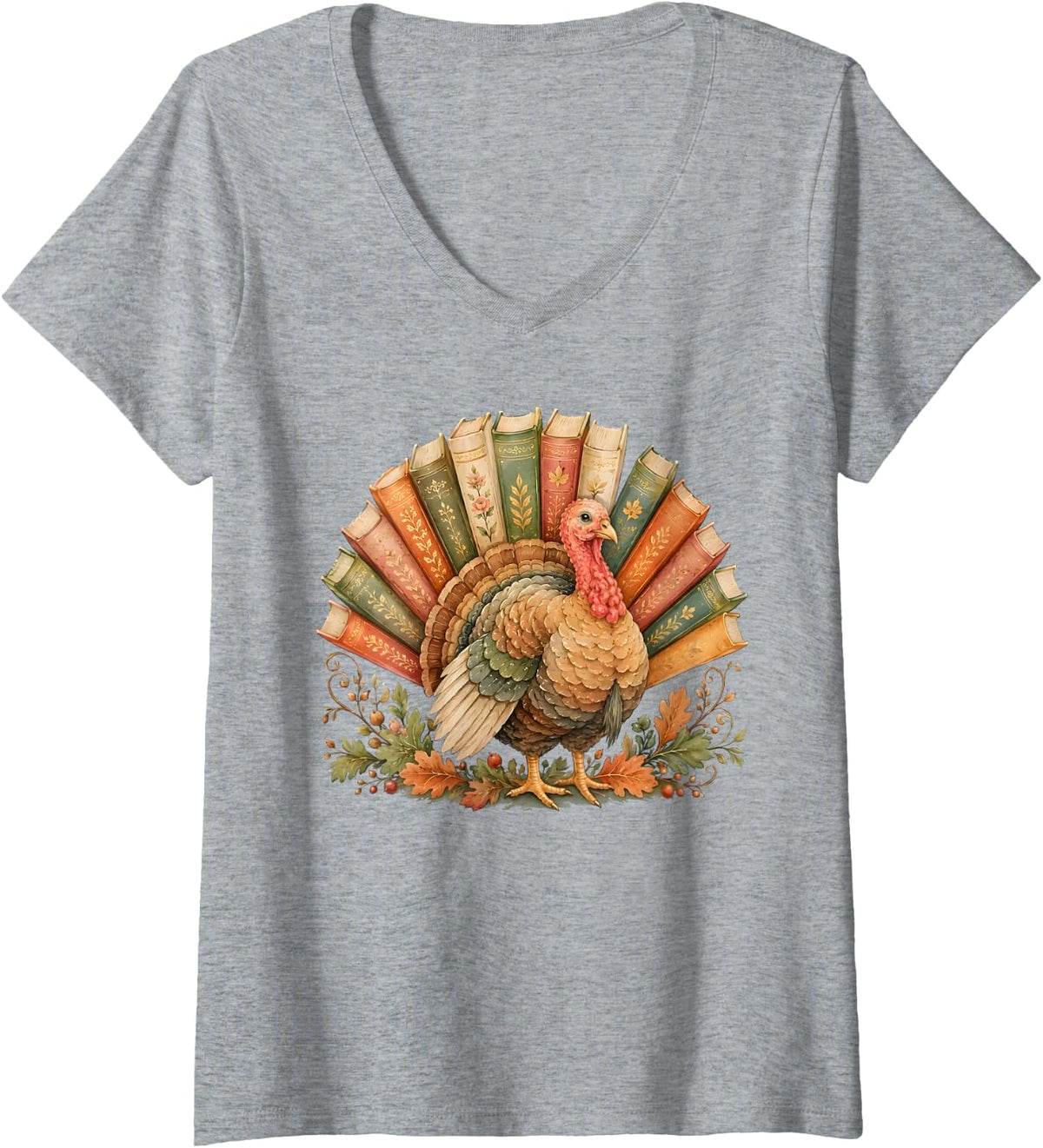 Women's Retro Thanksgiving Turkey Book Reading Fall Teacher Bookish V-Neck T-Shirt - Heather Grey