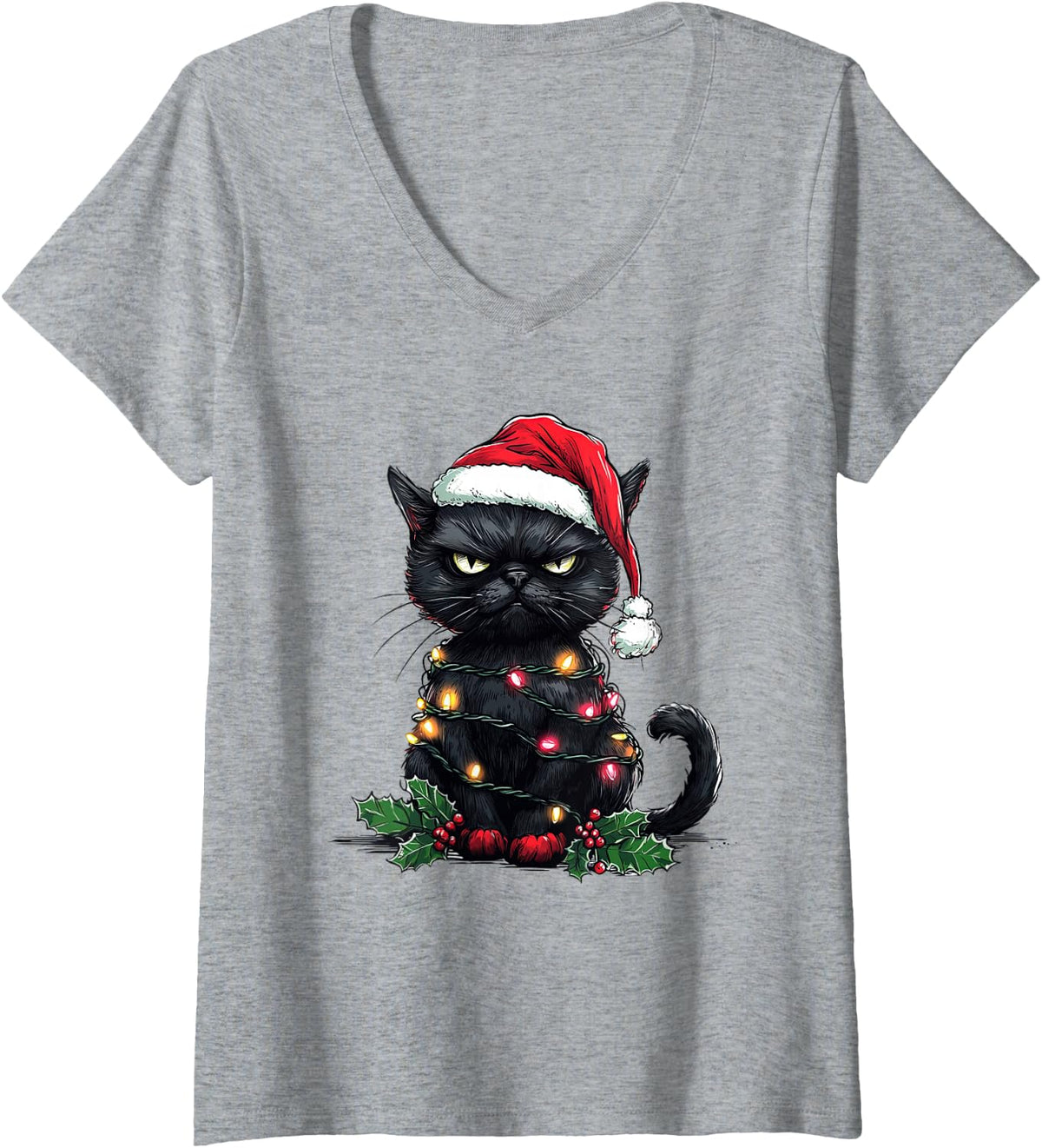 Women's Funny Black Cat Santa Hat Merry Christmas Tree Lights Cat V-Neck T-Shirt - Heather Grey