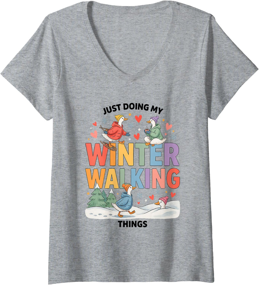 Women's Winter Walking Cold Weather Snow Frosty Stroll Hiker V-Neck T-Shirt - Heather Grey