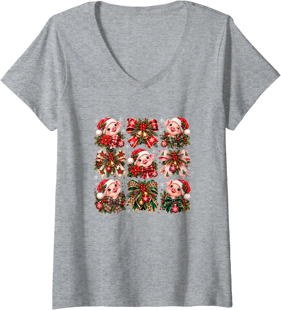 Women's Joyful Christmas-Themed Pigs Animal Lover Holiday Season Pig V-Neck T-Shirt - Heather Grey