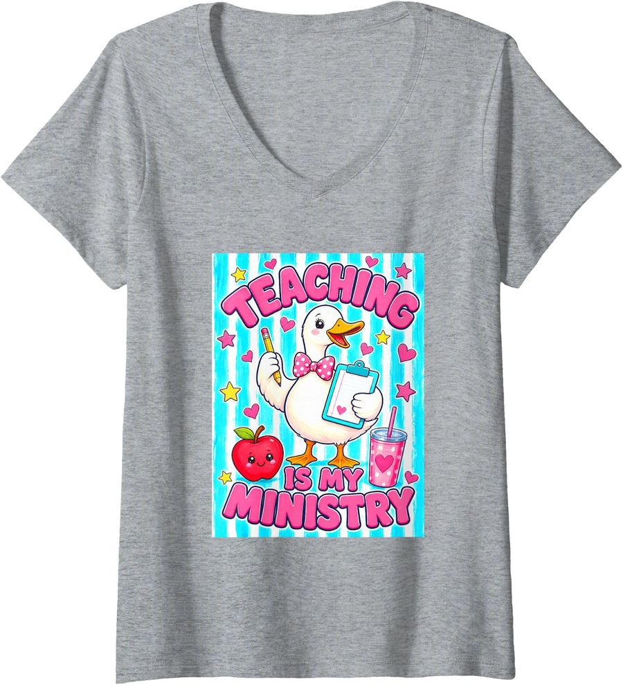 Women's Teacher Teaching is My Ministry Cute Goose V-Neck T-Shirt - Heather Grey