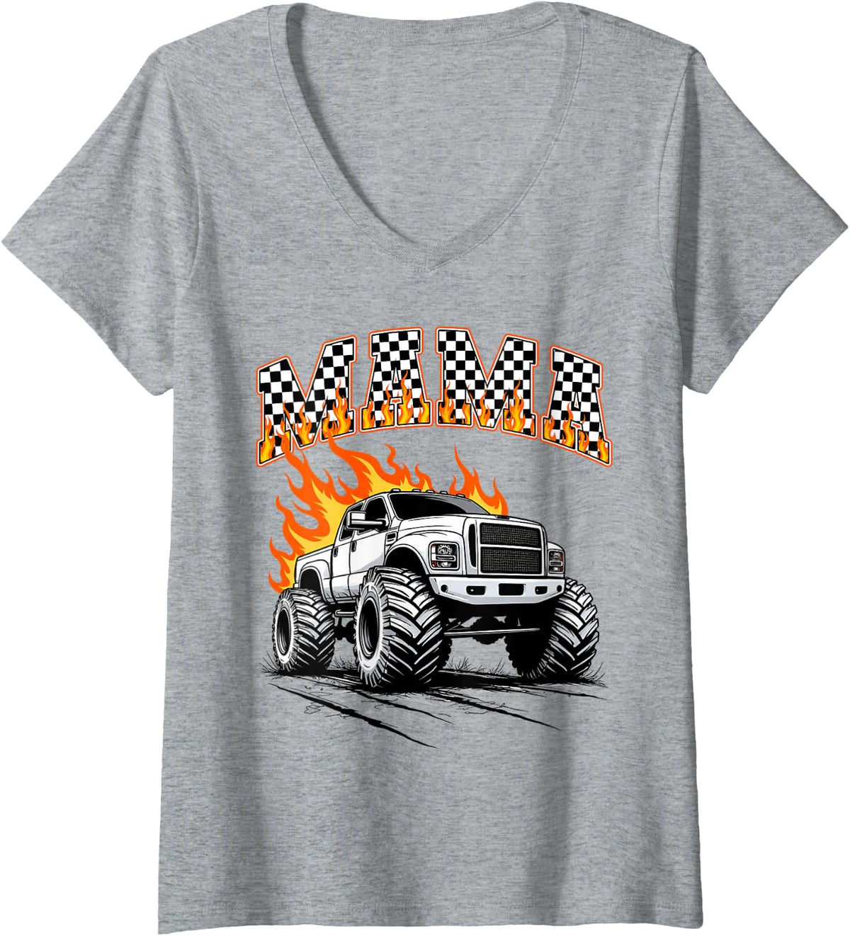 Women's Retro Mama Monster Truck Birthday Matching Mom Monster Truck V-Neck T-Shirt - Heather Grey