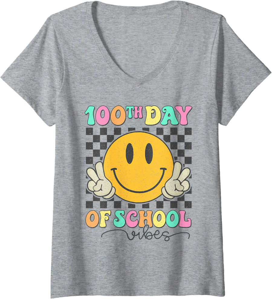 Womens 100th Day of School Vibes Cute Smile Face 100 Days of School V-Neck T-Shirt - Heather Grey