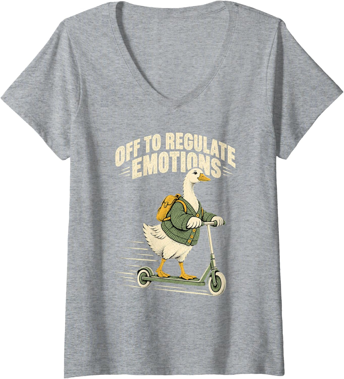 Women's Silly Goose Riding A Scooter Off to Regulate Emotions V-Neck T-Shirt - Heather Grey