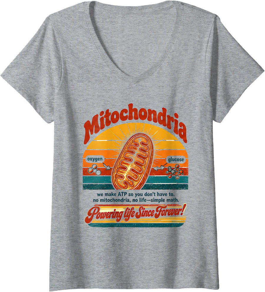 Women's Biology Tshirt Mitochondria Cell Retro Vintage Gift Science V-Neck T-Shirt - Heather Grey