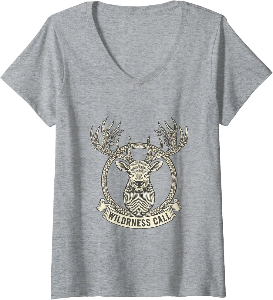 Women's Majestic Bull Elk Antlers Mountain Forest Graphic V-Neck T-Shirt - Heather Grey