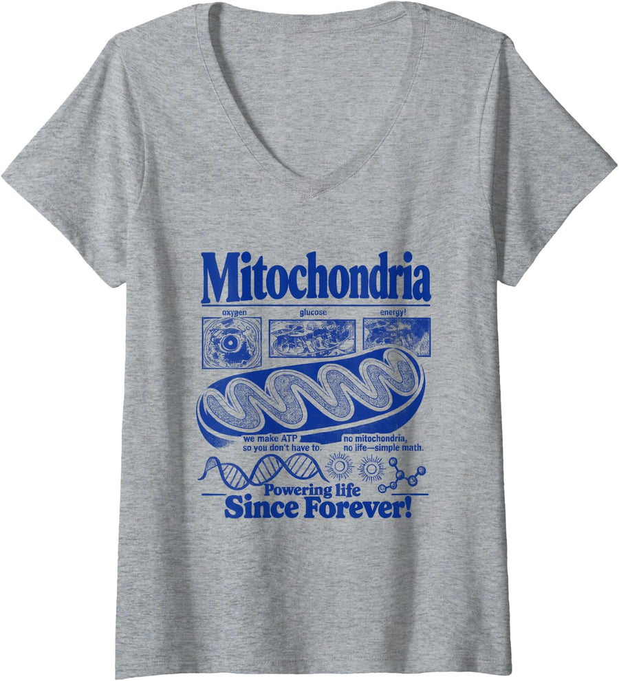 Women's Biology Tshirt Mitochondria Cell Gift Funny Scientist Humor V-Neck T-Shirt - Heather Grey
