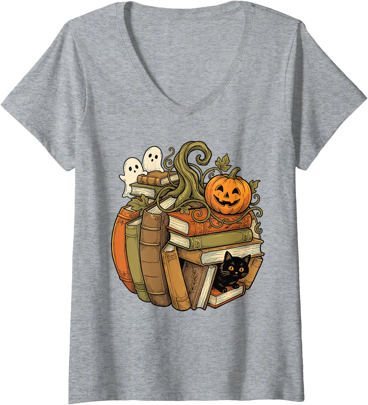 Women's Pumpkin Books Reading Ghosts Cat Halloween Teacher Librarian V-Neck T-Shirt - Heather Grey