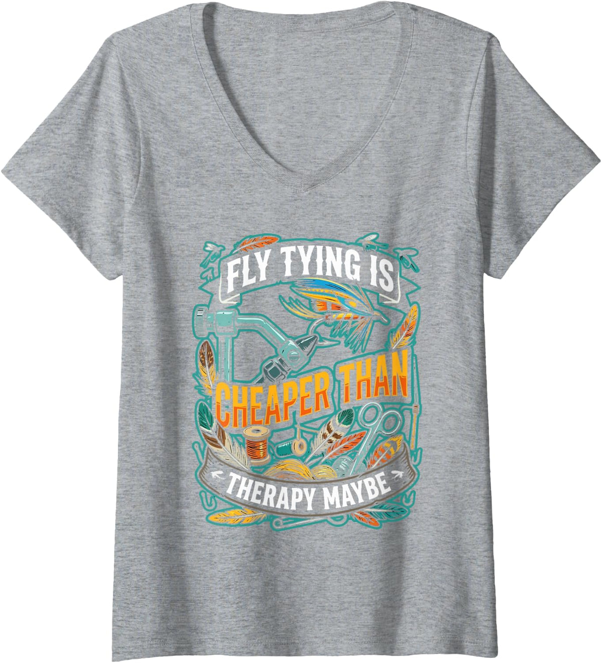Women's Artificial Fly Tying Fly Fishing Reel Trout Flies V-Neck T-Shirt - Heather Grey