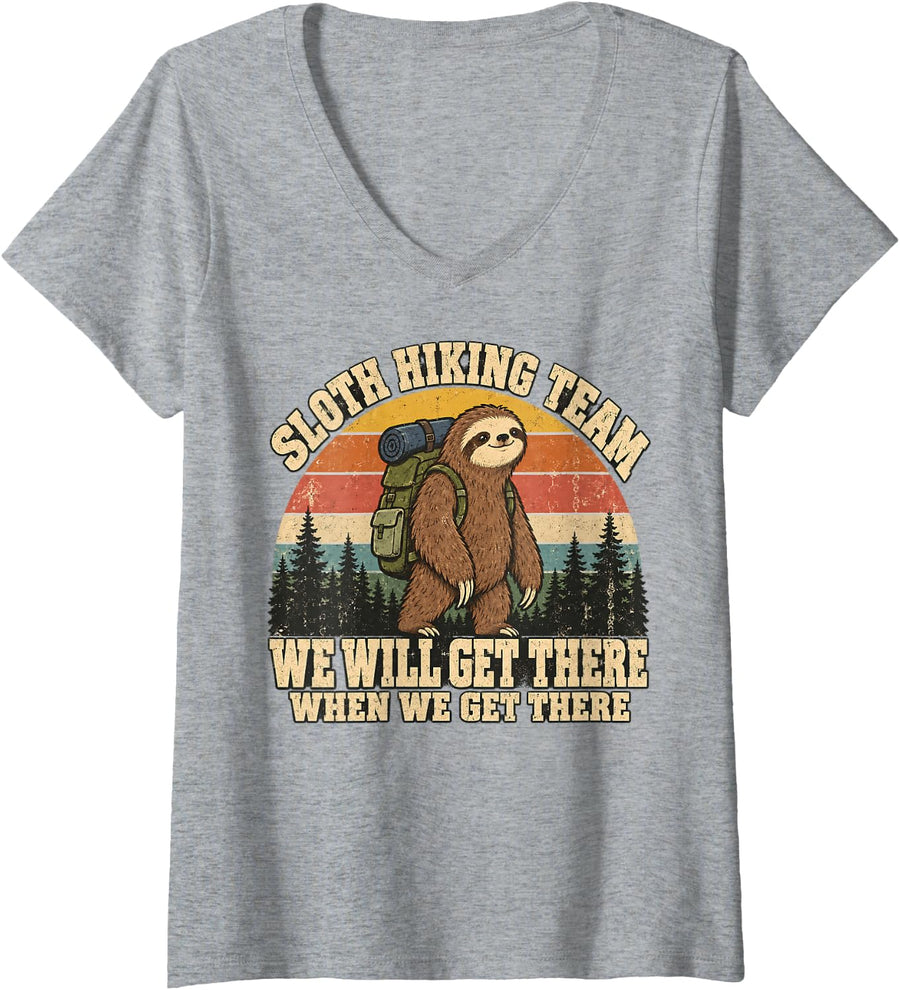 Women's Sloth Hiking Team We Will Get There Trekking Funny Hiker V-Neck T-Shirt - Heather Grey