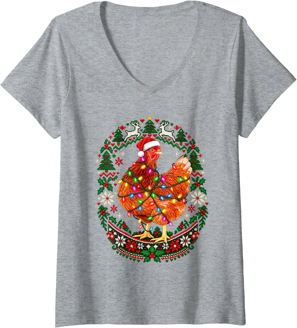 Women's Christmas Chicken Curious Santa Hat Snowflake Knit Medallion V-Neck T-Shirt - Heather Grey