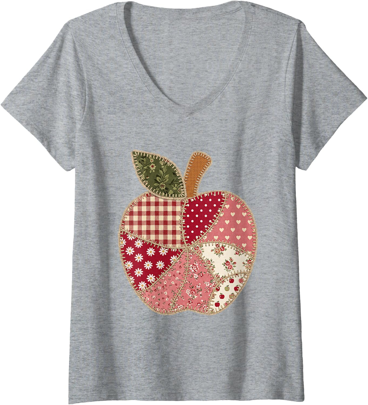 Women's Vintage Quilted Apple Cute Teacher Back to School V-Neck T-Shirt - Heather Grey