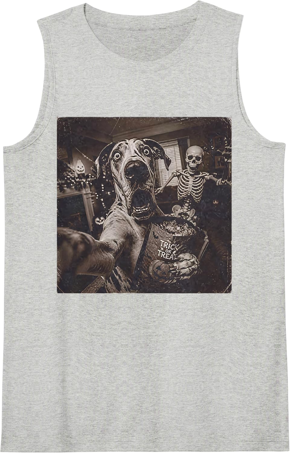 Great Dane Dog Skeleton Selfie Funny Dog Meme Halloween Sleeveless Tank Top - Heather Grey
