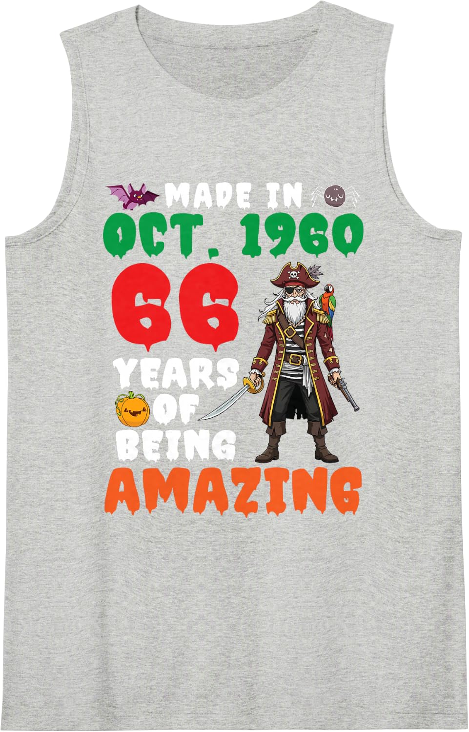 Made in Oct 1960 Birthday 66 Years of Being Amazing Pirate Tank Top - Heather Grey