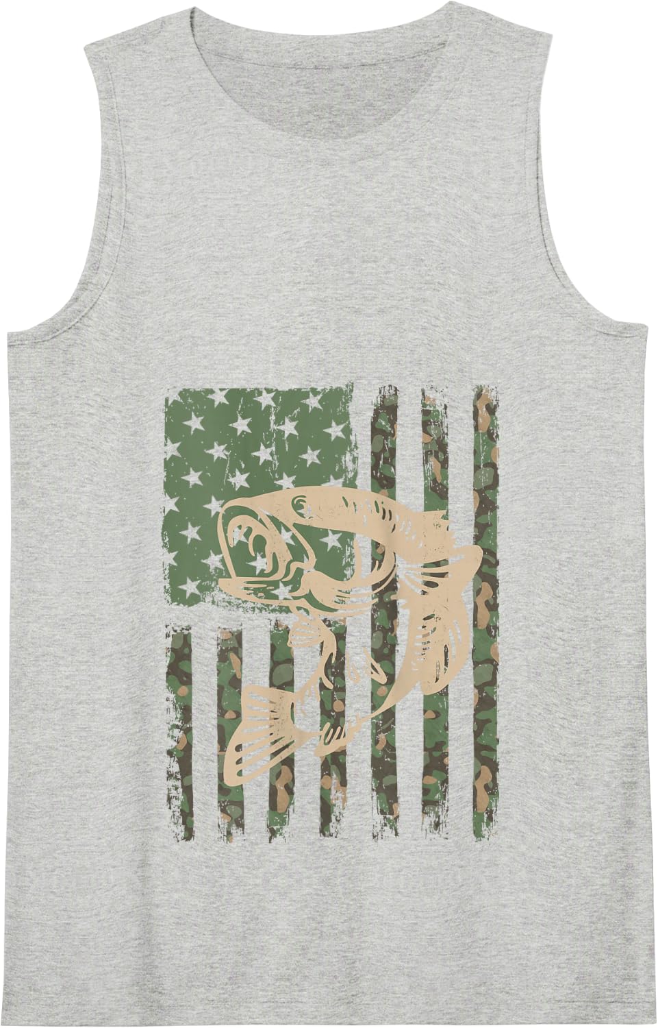 Camouflage USA Flag Big Mouth Bass Fishing Tank Top - Heather Grey