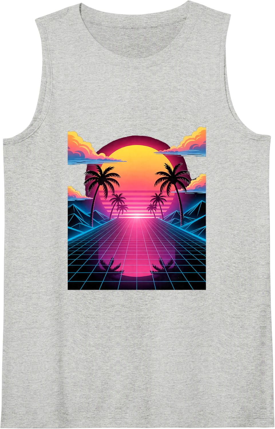Vaporwave Sunset Grid Retro Digital Landscape in Synthwave Sleeveless Tank Top - Heather Grey