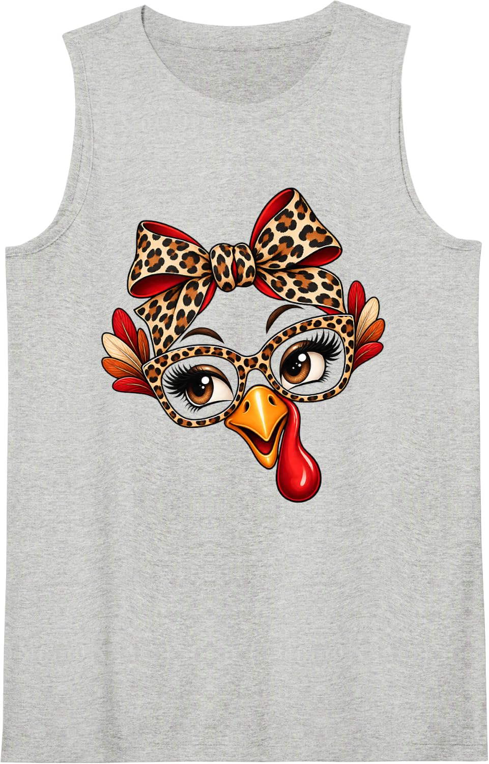 Turkey Bow Leopard Thanksgiving Funny Autumn Holiday Feast Sleeveless Tank Top - Heather Grey