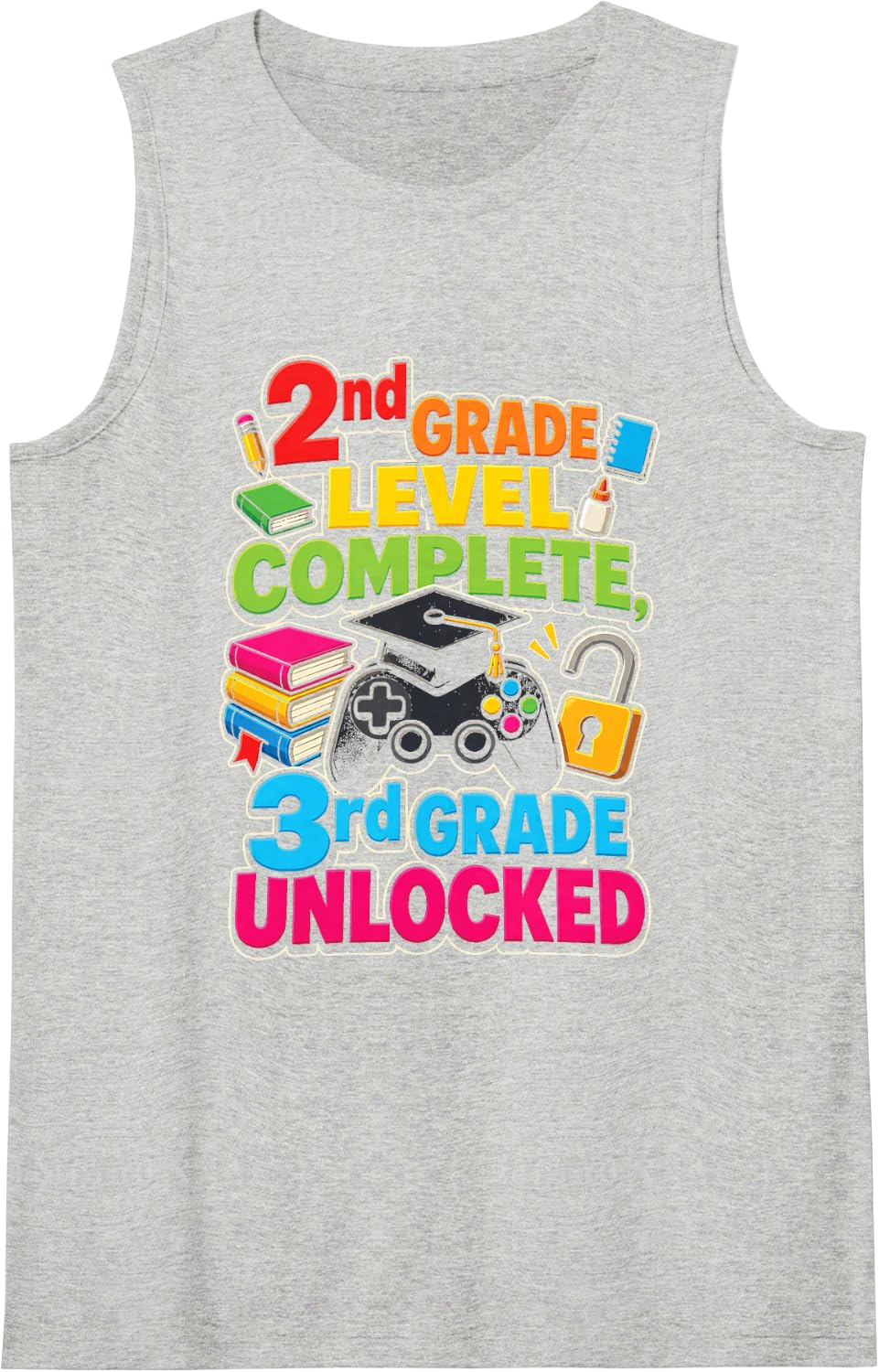 2nd Grade Level Complete 3rd Unlocked Elementary School Sleeveless Tank Top - Heather Grey