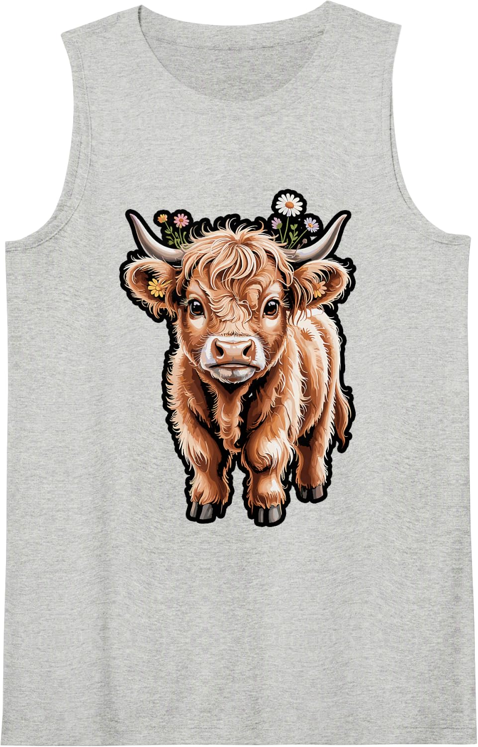 Highland Cow with Flower Crown Cute Boho Tee Tank Top - Heather Grey