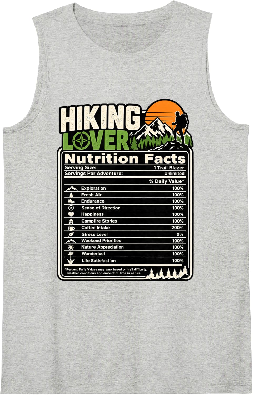 Hiking Lover Nutrition Facts Funny Trail Hiker Gift Sleeveless Tank Top - Heather Grey