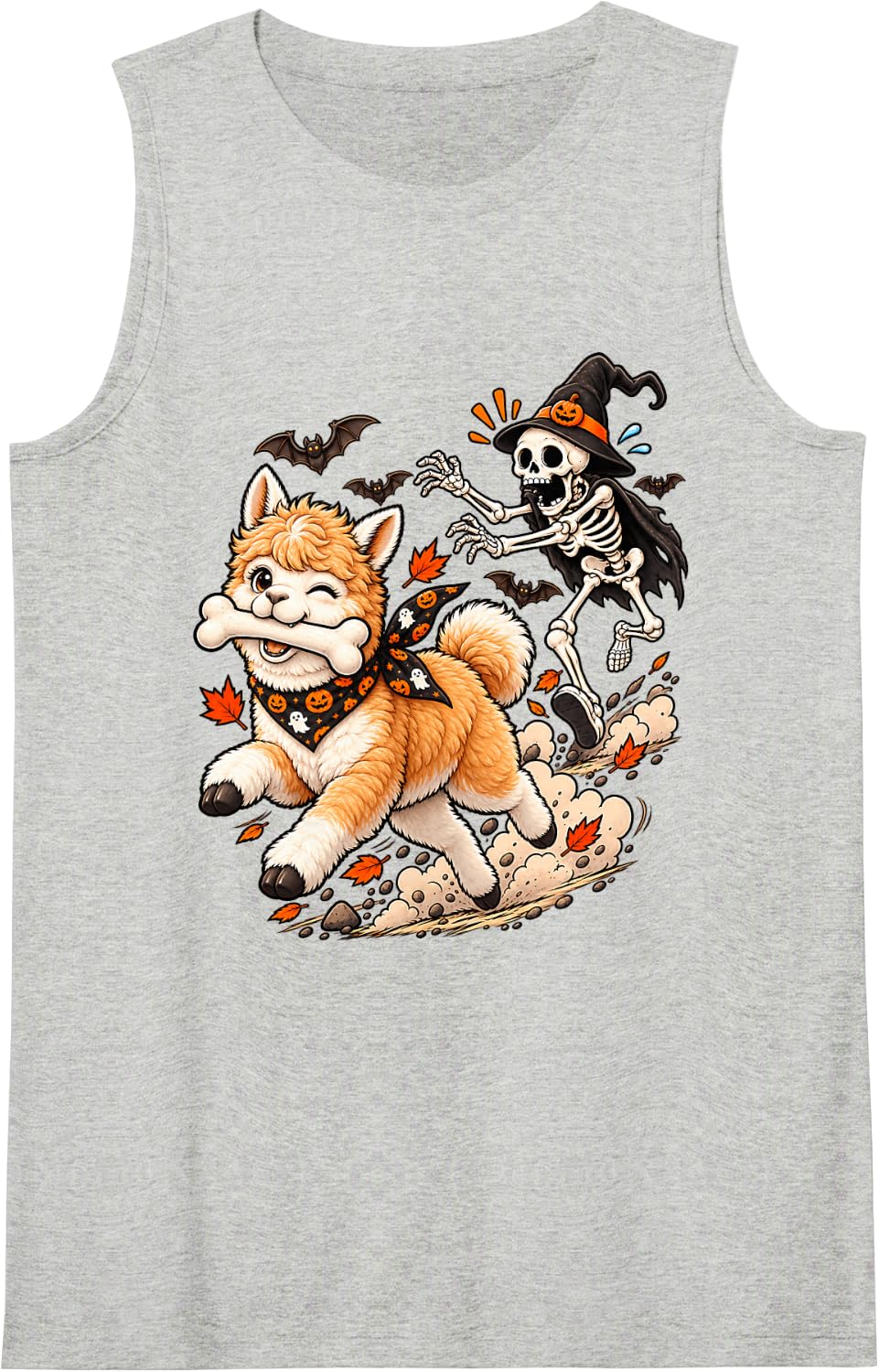 Funny Alpaca Chased by Witch Skeleton Halloween Men Women Tank Top - Heather Grey