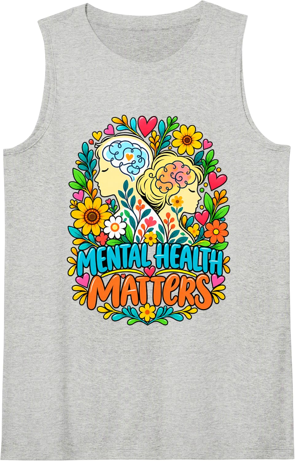 Mental Health Matters Floral Brain Awareness Inspirational Sleeveless Tank Top - Heather Grey