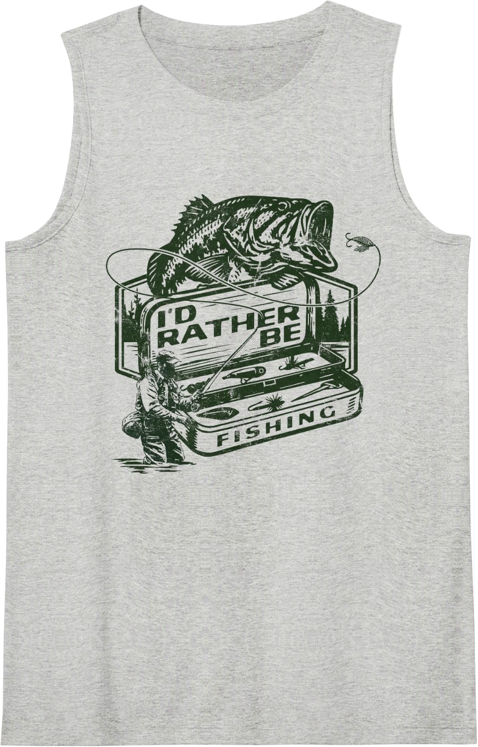 I'd Rather be Fishing Bass Fisher Distressed Sleeveless Tank Top - Heather Grey