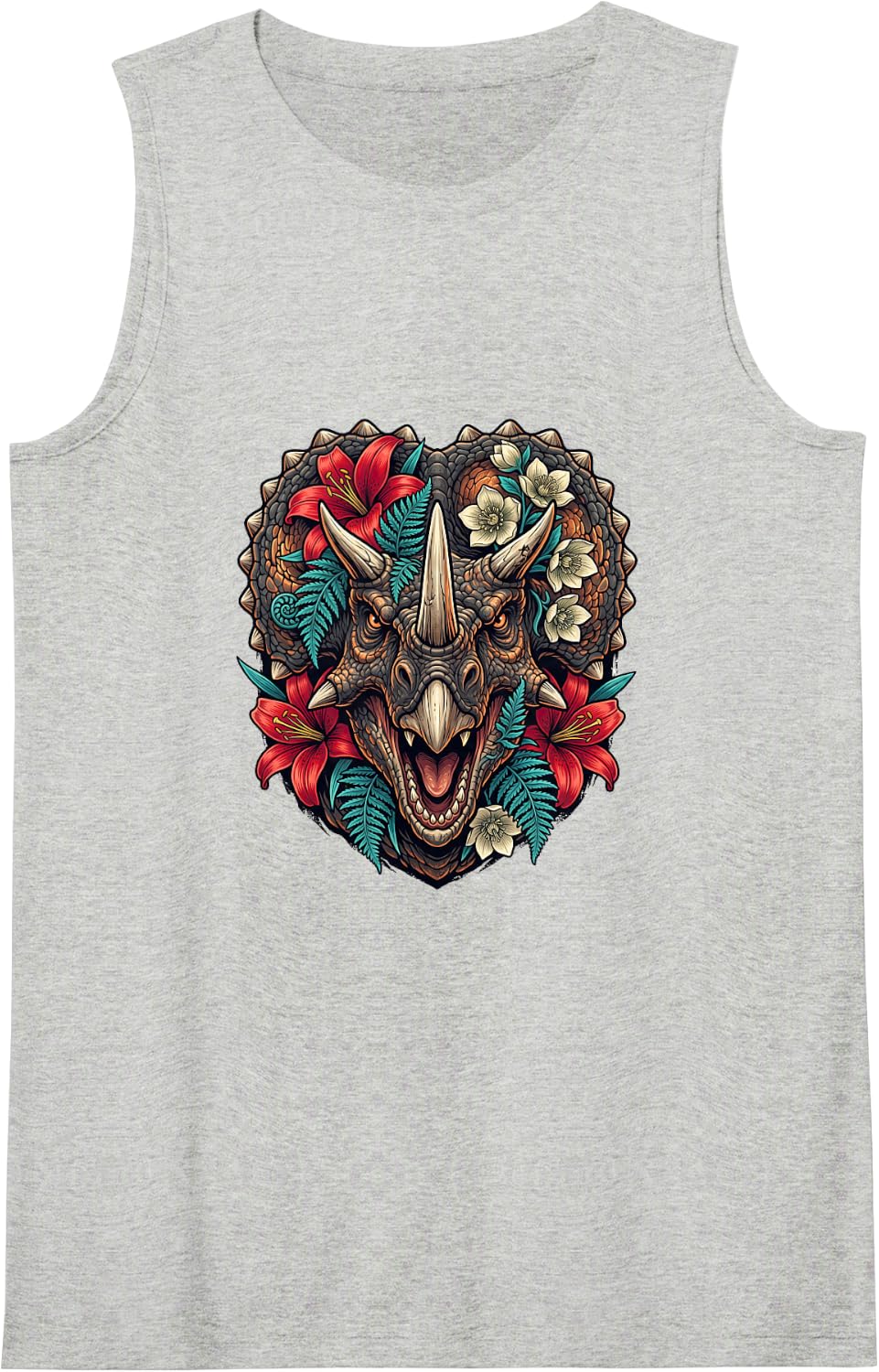 Triceratops Portrait with Botanical Details Sleeveless Tank Top - Heather Grey